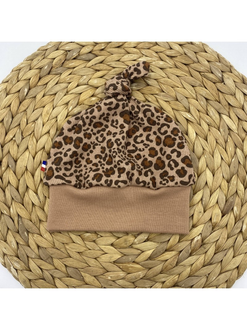 Bonnet à nœud bébé en tissu côtelé léopard