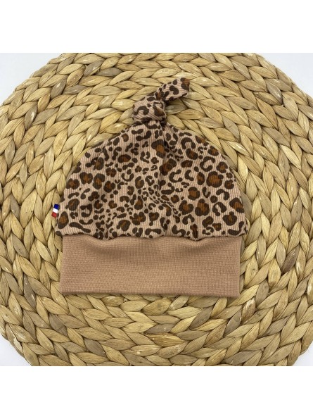 Bonnet à nœud bébé en tissu côtelé léopard