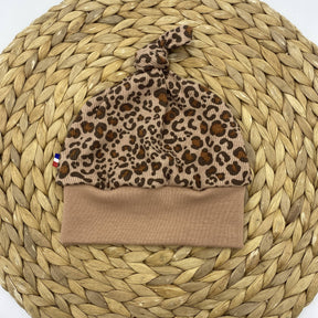 Bonnet à nœud bébé en tissu côtelé léopard